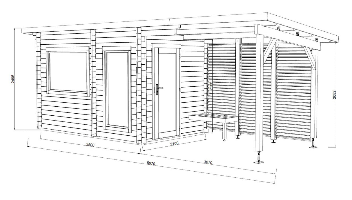 Sanna M+ (6,5x2,5m | 6,8+5,9m² | 44mm) Moderni pihasauna pukuhuoneella ja katoksella