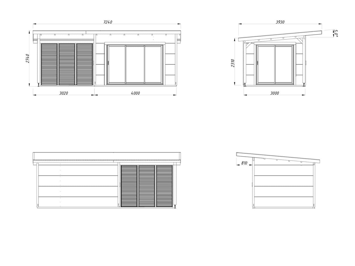 Grace (4x3m | 11,2+8,2m² | 56mm) Liimapuinen piharakennus kaksilasitetuilla liukuovilla ja katoksella