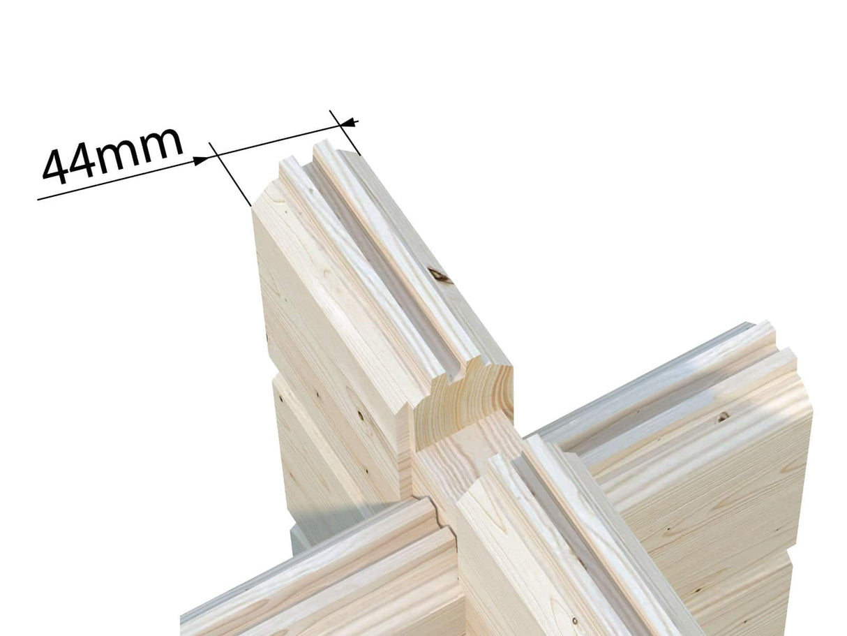 Lea L (5,3x3,8m | 19,4m² | 44mm) Pulpettikattoinen piharakennus liukuovilla (saatavana tupla-lasillisena)