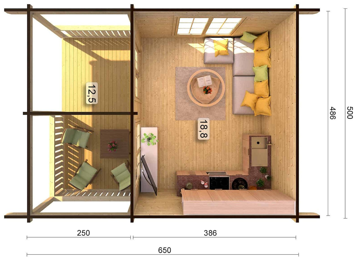 Agneta M (5x6,5m | 18,8+12,5m² | 44mm) Kesämökki tilavalla terassilla