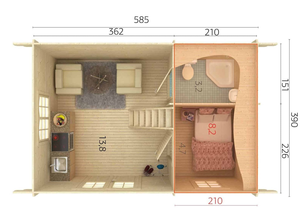 Sandra M (6,1x4,1m | 29,9m² | 44mm) Perinteinenkolmen huonen kesämökki