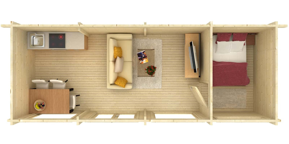 Heidi XL (8,4x3,2m | 22,8m² | 70mm) Tilava 2-huoneinen pulpettikattoinen kesämökki