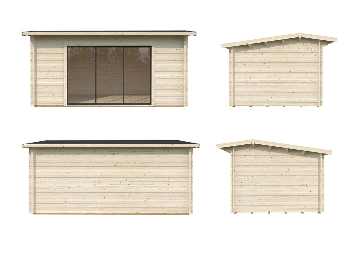 Ines L (4,8x3m | 13,7m² | 44mm) Tilava puutarhatoimisto liukuovilla (saatavana tupla-lasilla)