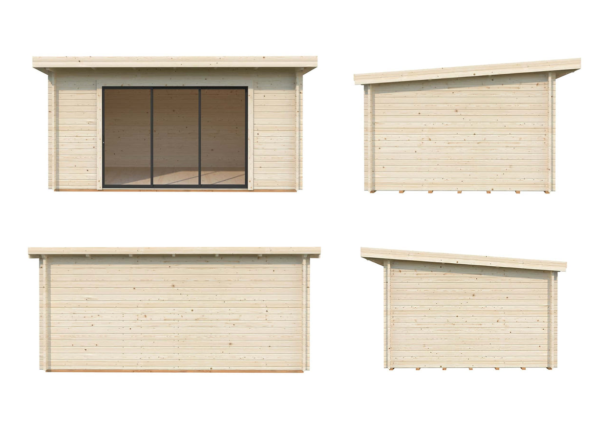 Lea M (4,5x3,3m | 14,2m² | 44mm) Tilava pulpettikattoinen piharakennus liukuovilla (saatavana tupla-lasillisena)