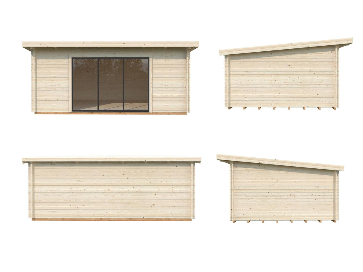 Lea L (5,3x3,8m | 19,4m² | 44mm) Pulpettikattoinen piharakennus liukuovilla (saatavana tupla-lasillisena)