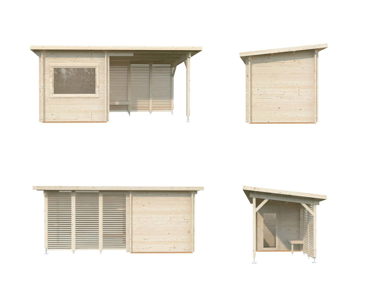 Sanna S+ (5,1x2,3m | 4,1+5,9m² | 44mm) Moderni pihasauna katoksella