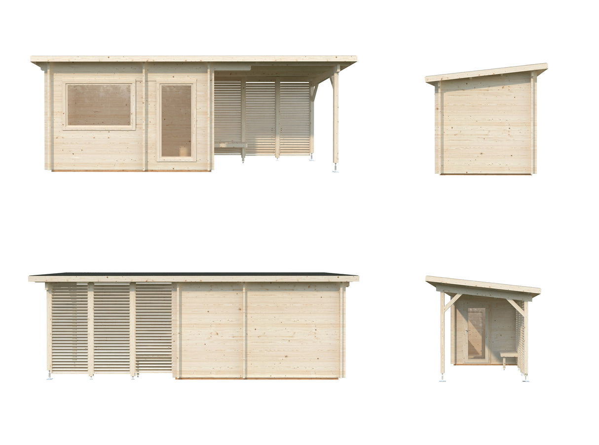 Sanna M+ (6,5x2,5m | 6,8+5,9m² | 44mm) Moderni pihasauna pukuhuoneella ja katoksella