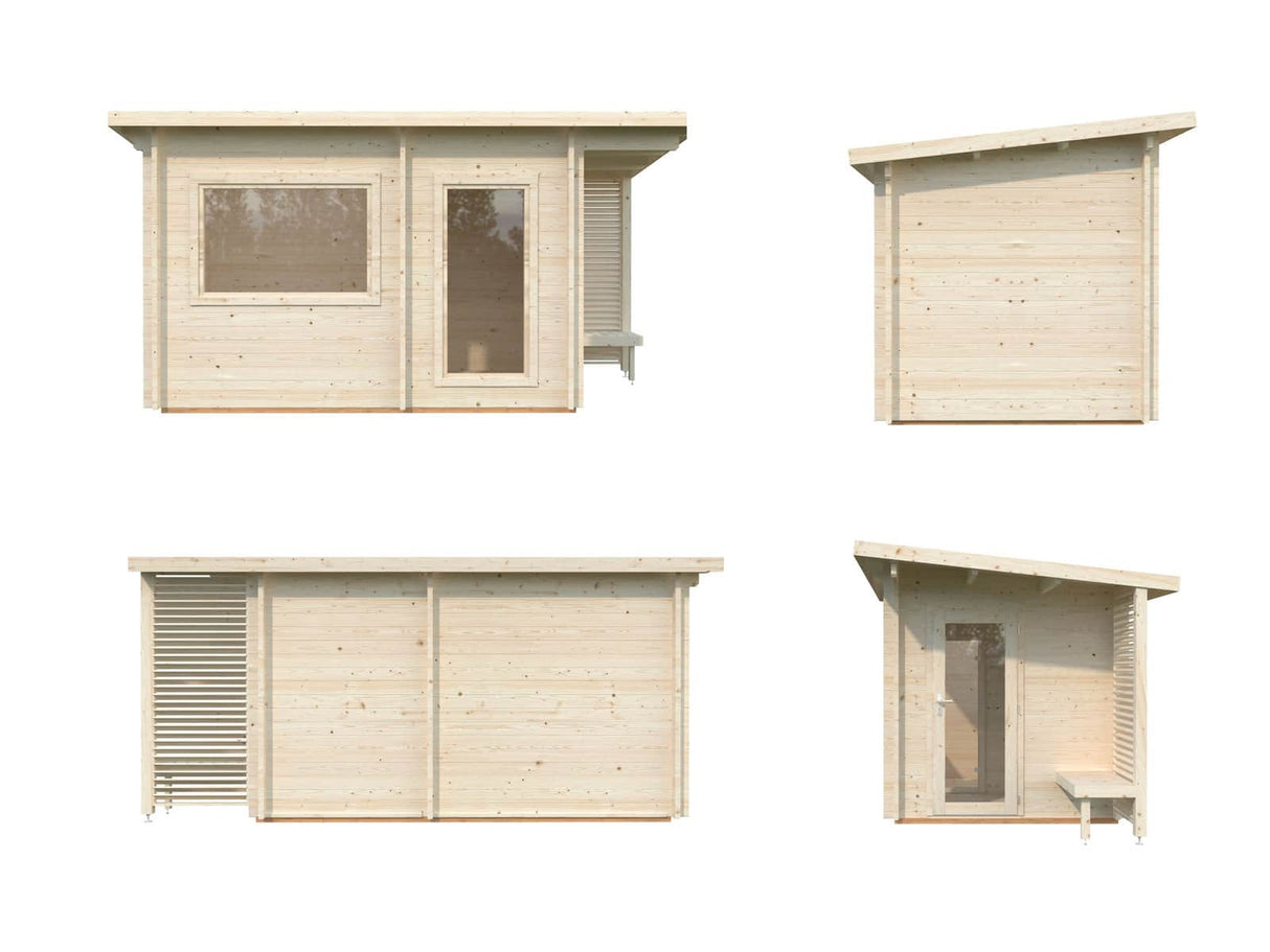 Sanna M (3,7x2,3m | 6,8m² | 44mm) Moderni pihasauna pukuhuoneella