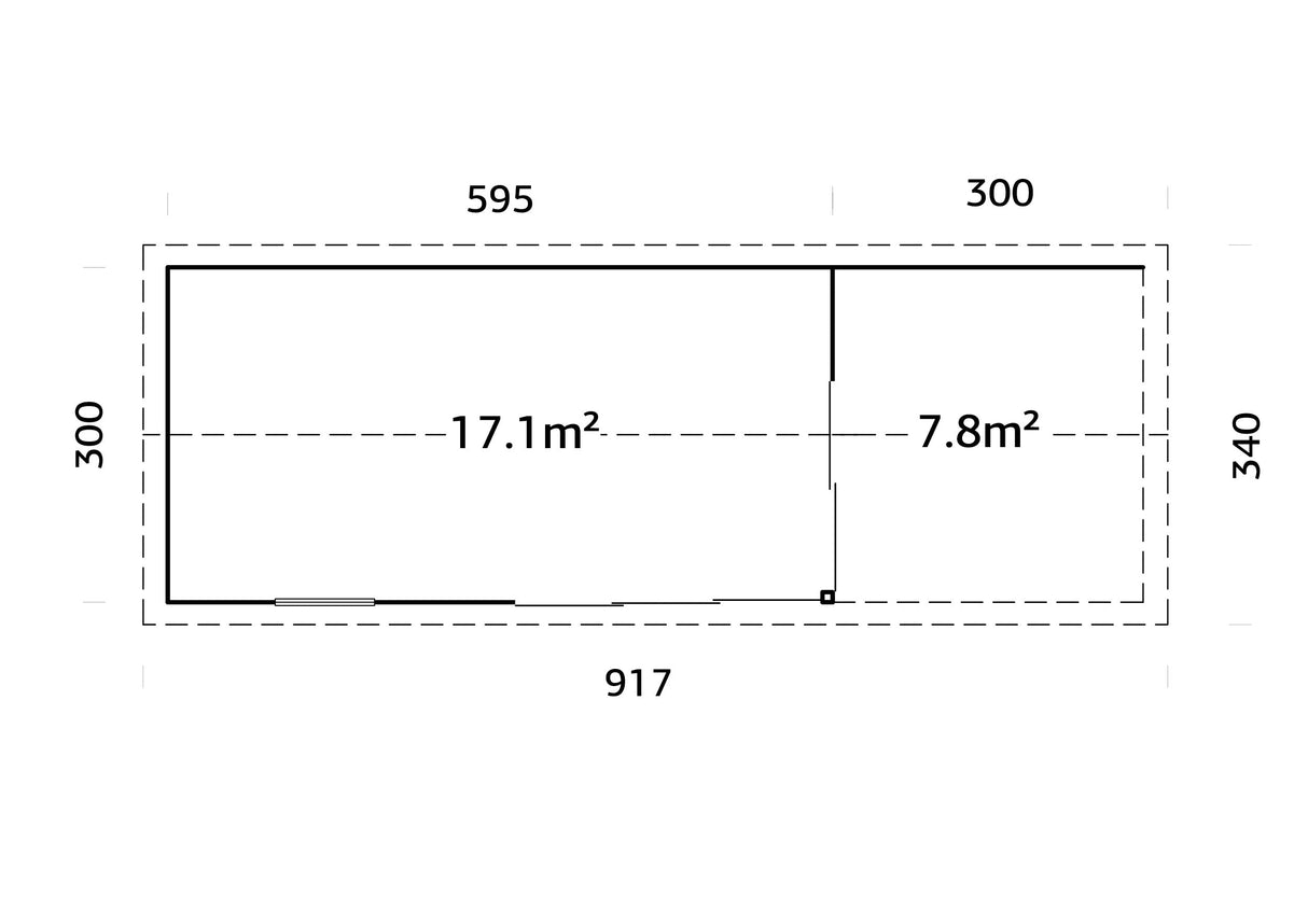 Amanda M+ (8,7x3m | 17,1+7,8 m2 | 44mm) Moderni vierasmaja katoksella ja liukuovilla (Saatavilla kaksoislasituksella)