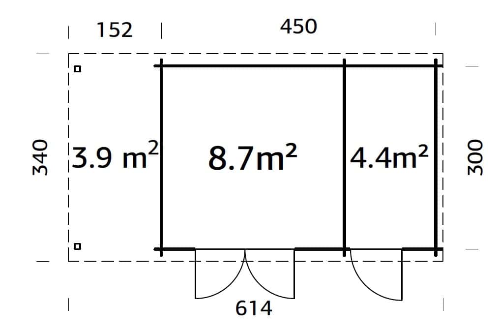 Ella (6,1x3,2m | 13,1+3,9m² | 28mm) Pulpettikattoinen kesämökki