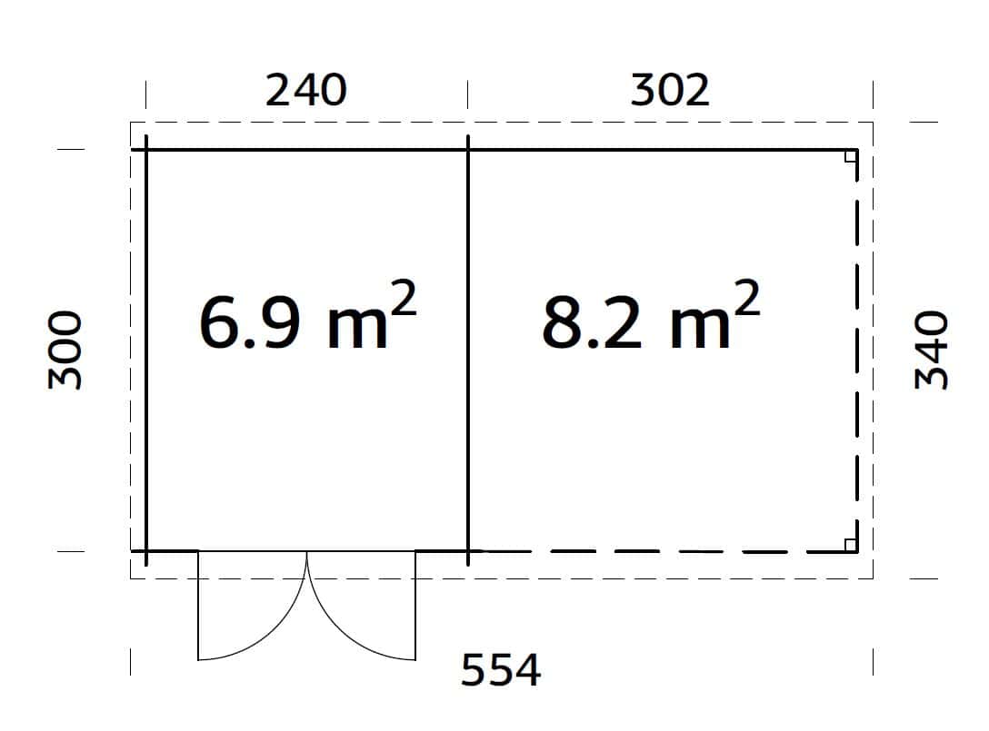 Ella (5,5x3,2m | 6,9+8,2m² | 28mm) Pulpettikattoinen kesämökki