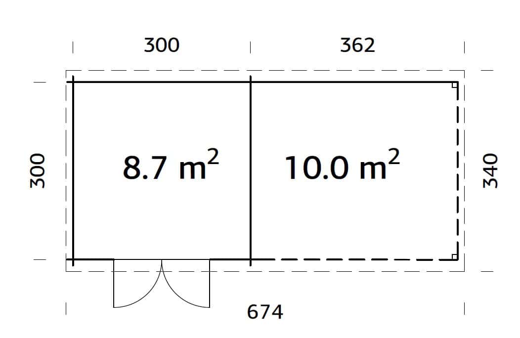 Ella (6,7x3,2m | 8,7+10,0m² | 28mm) Pulpettikattoinen kesämökki