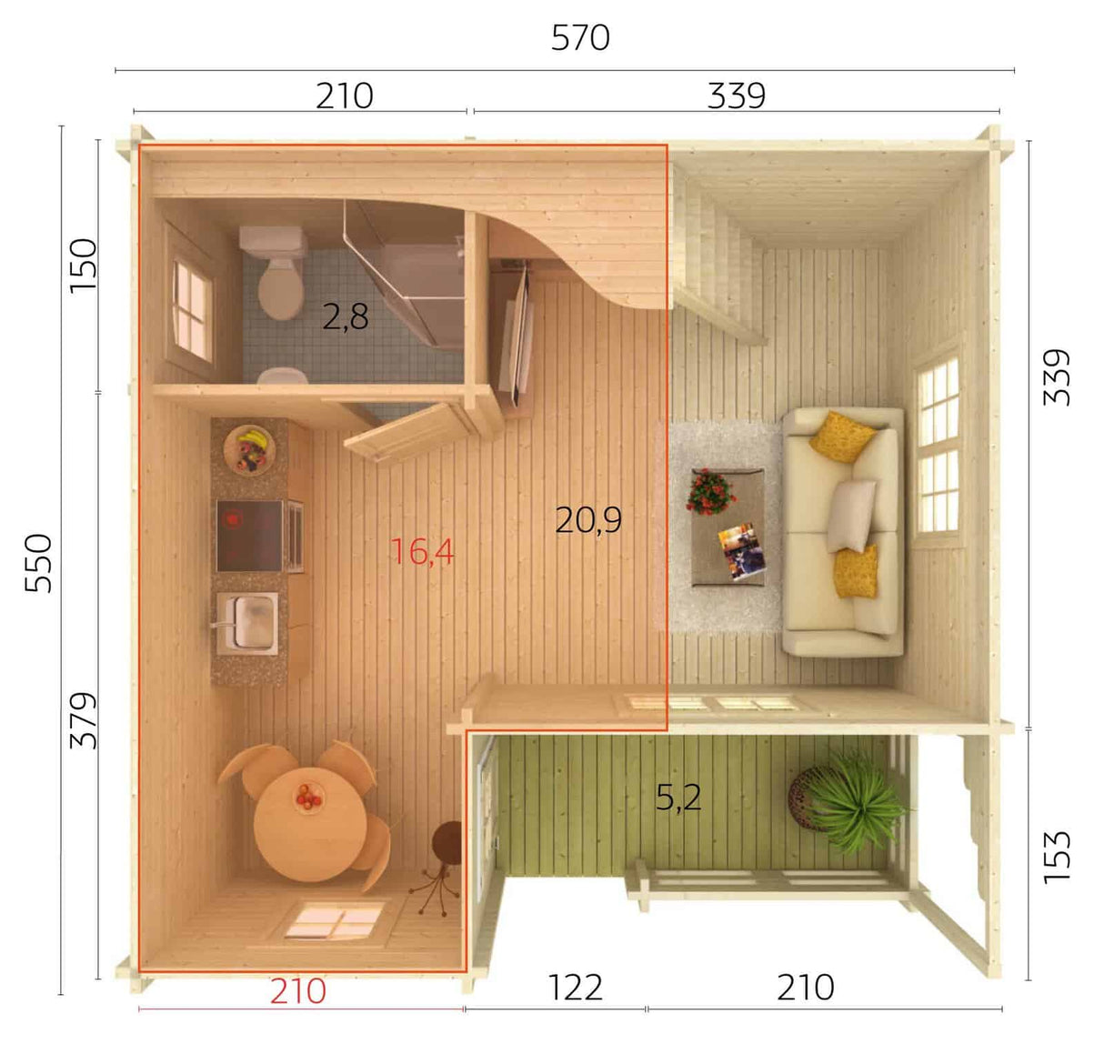 Emily (5,9x5,7m | 40,1+5,2m² | 70mm) Tilava vierasmaja