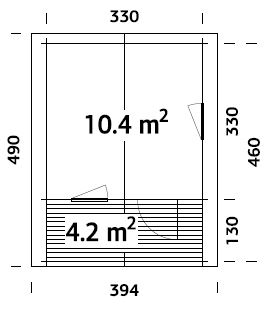 Emma L (3,5x3,5m | 10,4+4,2m² | 34mm) Alppityylinen pihamökki terassilla ja ikkunaluukuilla