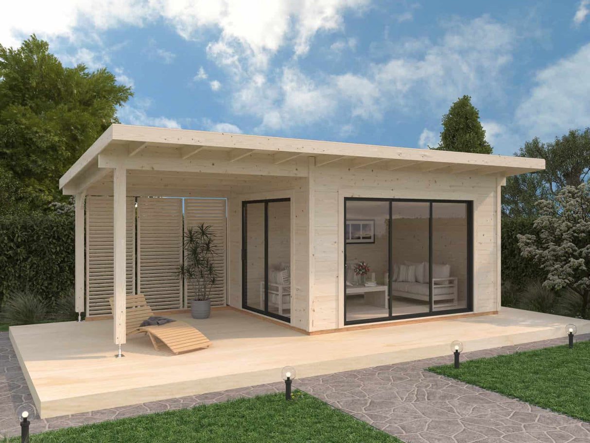 Grace (4x3m | 11,2+8,2m² | 56mm) Liimapuinen piharakennus kaksilasitetuilla liukuovilla ja katoksella