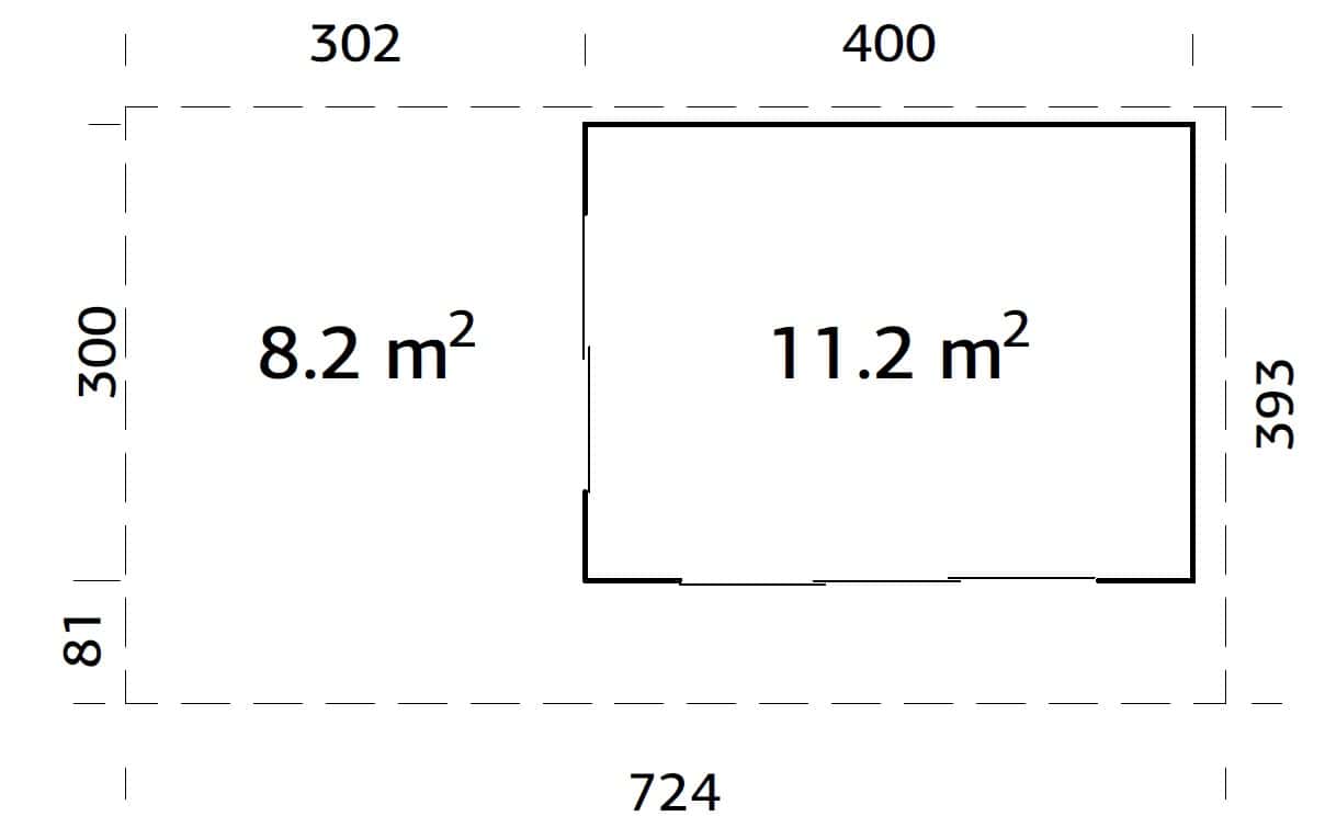Grace (4x3m | 11,2+8,2m² | 56mm) Liimapuinen piharakennus kaksilasitetuilla liukuovilla ja katoksella