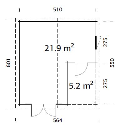 Irene XL (5,3x5,7m | 21,9+5,2m² | 44mm) Tilava kesämökki kuistilla
