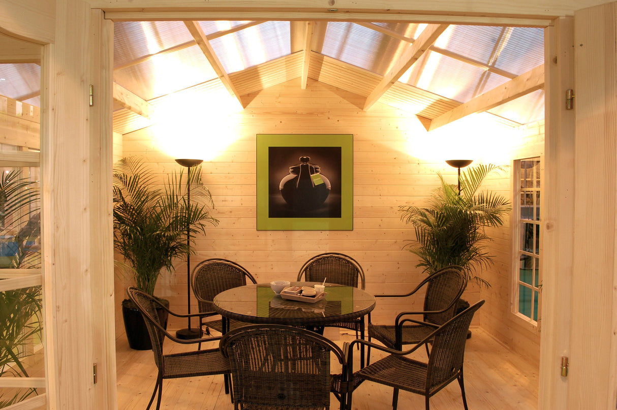 Irene (4x4m | 13,9m² | 34mm) Valoisa kesämökki läpinäkyvillä kattopaneeleilla