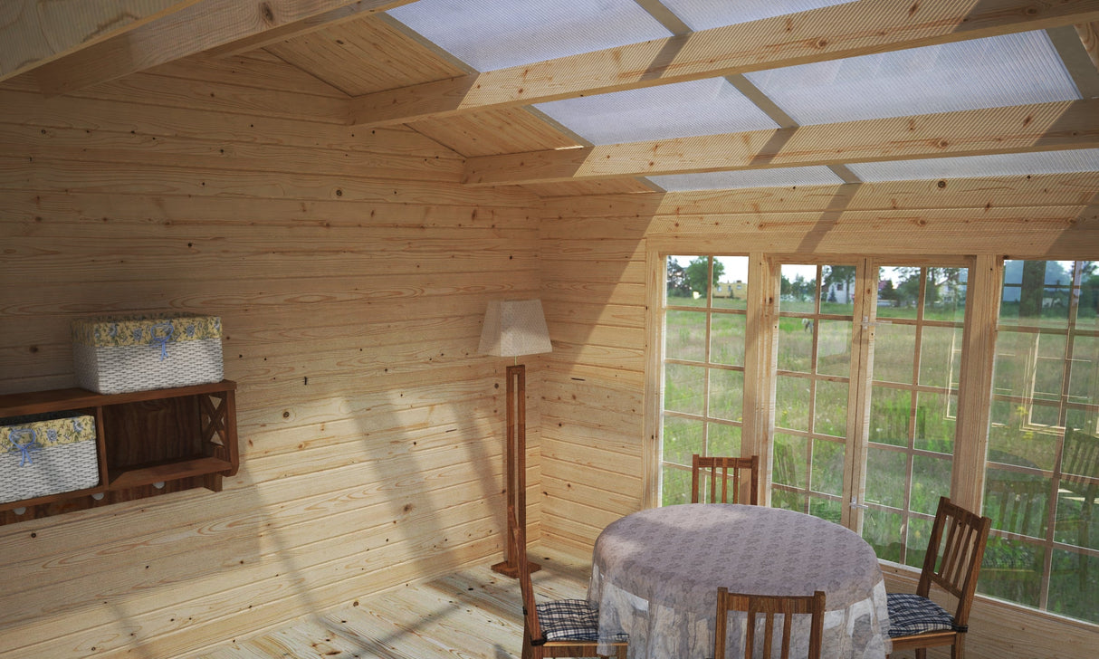 Irene (4x4m | 13,9m² | 34mm) Valoisa kesämökki läpinäkyvillä kattopaneeleilla