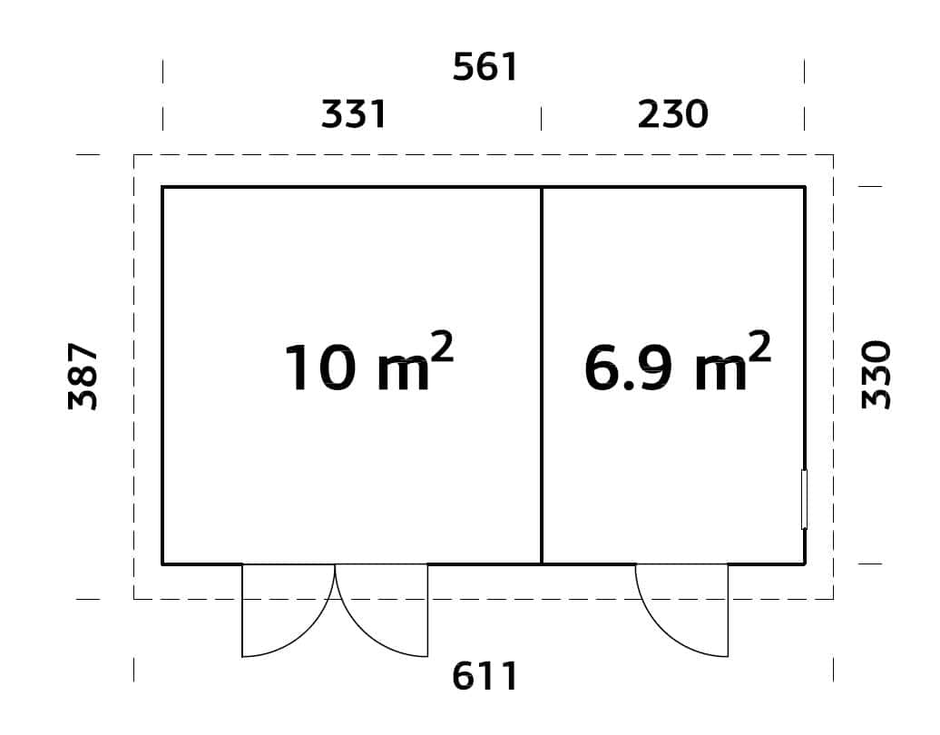 Kalle L (5,6x3,3m | 16,9m²) Kaksihuoneinen pulpettikattoinen työpaja