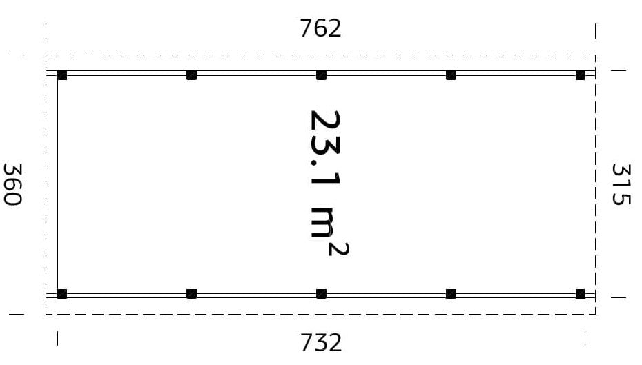 Karl L (3,6x7,6m | 23,1m²) Tasakattoinen yhden auton autokatos tai puutarhapaviljonki