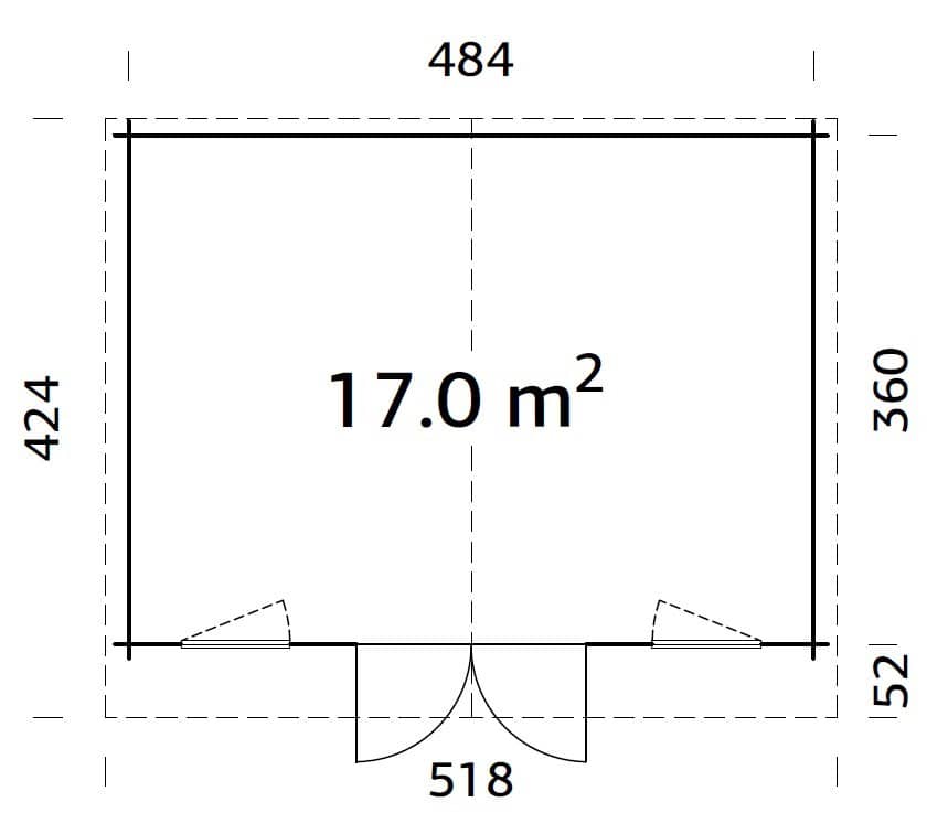 Klara L (5x3,8m | 17,0m² | 28mm) Alle 2,5m korkea hirsimökki