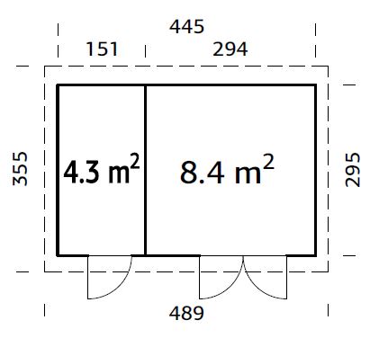 Lara L (4,5x3m | 12,7m² | 28mm) Kaksihuoneinen moderni piharakennus läpikuultavilla ovilla