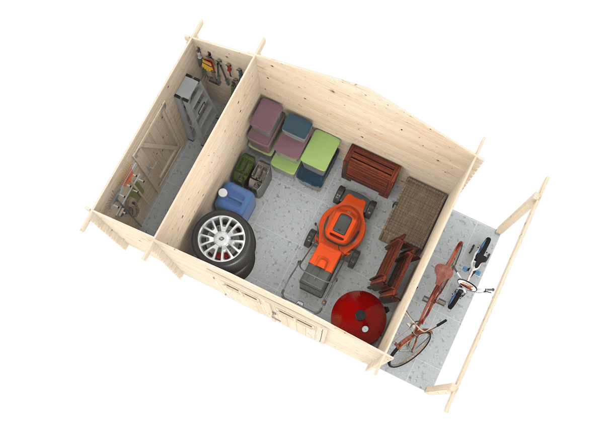 Meribel (2,6x2,3m | 6,6m² | 19mm) Kaksihuoneinen hirsivarasto katoksella