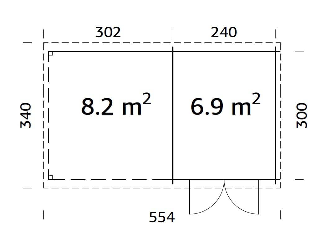 Ella (5,5x3,2m | 6,9+8,2m² | 28mm) Pulpettikattoinen kesämökki