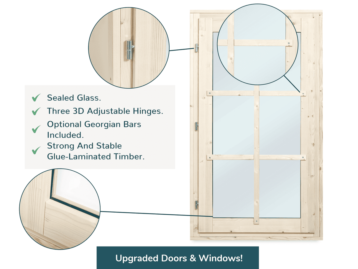 Iris L (5,3x4,1m | 19,1m² | 44mm) Kesämökki kaksinkertaisilla laseilla ja kaksoisovilla (2024 päivitetty malli)