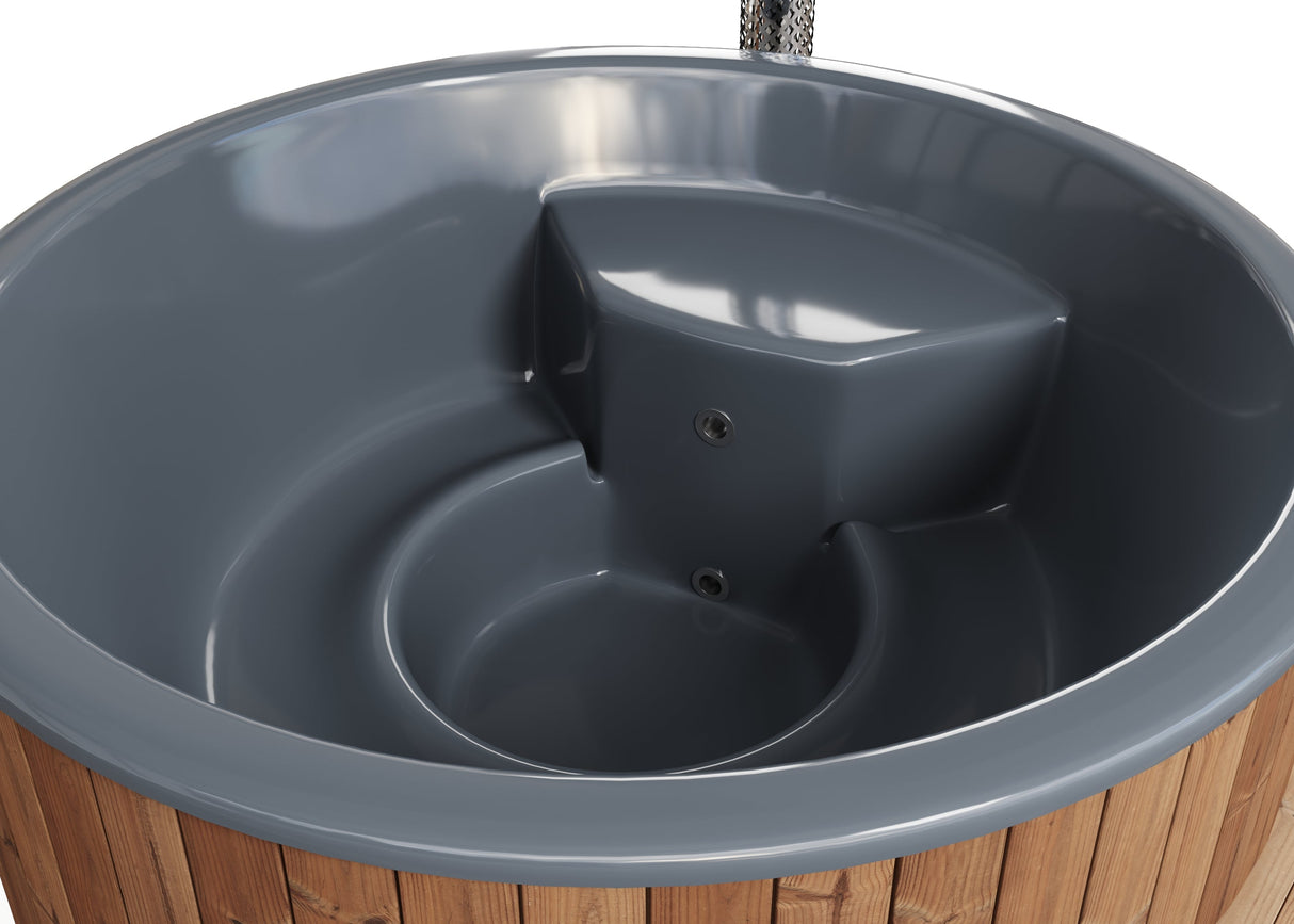Solace L (d220cm | 8-hengen) Pyöreä puulämmitteinen kylpytynnyri integroidulla puukiukaalla - LED & lämpökansi sisältyy