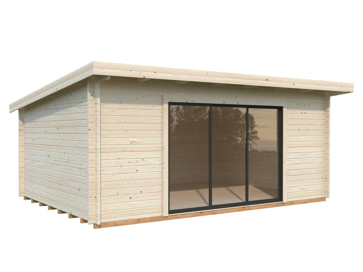 Lea L (5,3x3,8m | 19,4m² | 44mm) Pulpettikattoinen piharakennus liukuovilla (saatavana tupla-lasillisena)