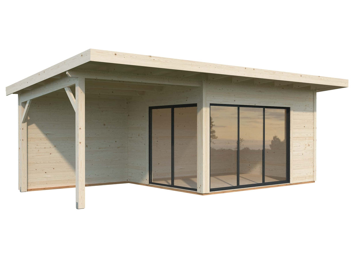 Andrea L (6,9x3m | 11,2+7,9m² | 44mm) piharakennus liukuovilla (saatavana kaksilasitus)