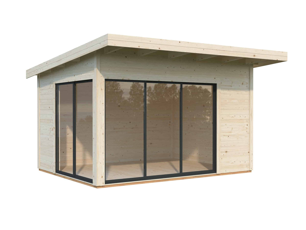 Andrea S (3,9x3m | 11,2m² | 44mm) moderni kulmakevytmökki liukuovilla (saatavana kaksilasitus)