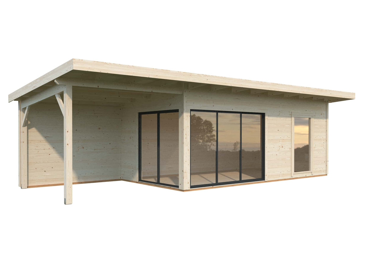 Andrea XL (9x3m | 17,1+7,9m² | 44mm) piharamökki liukuovilla (saatavana kaksilasitus)
