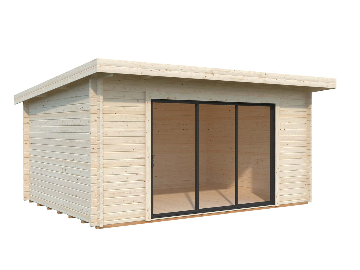 Lea M (4,5x3,3m | 14,2m² | 44mm) Tilava pulpettikattoinen piharakennus liukuovilla (saatavana tupla-lasillisena)