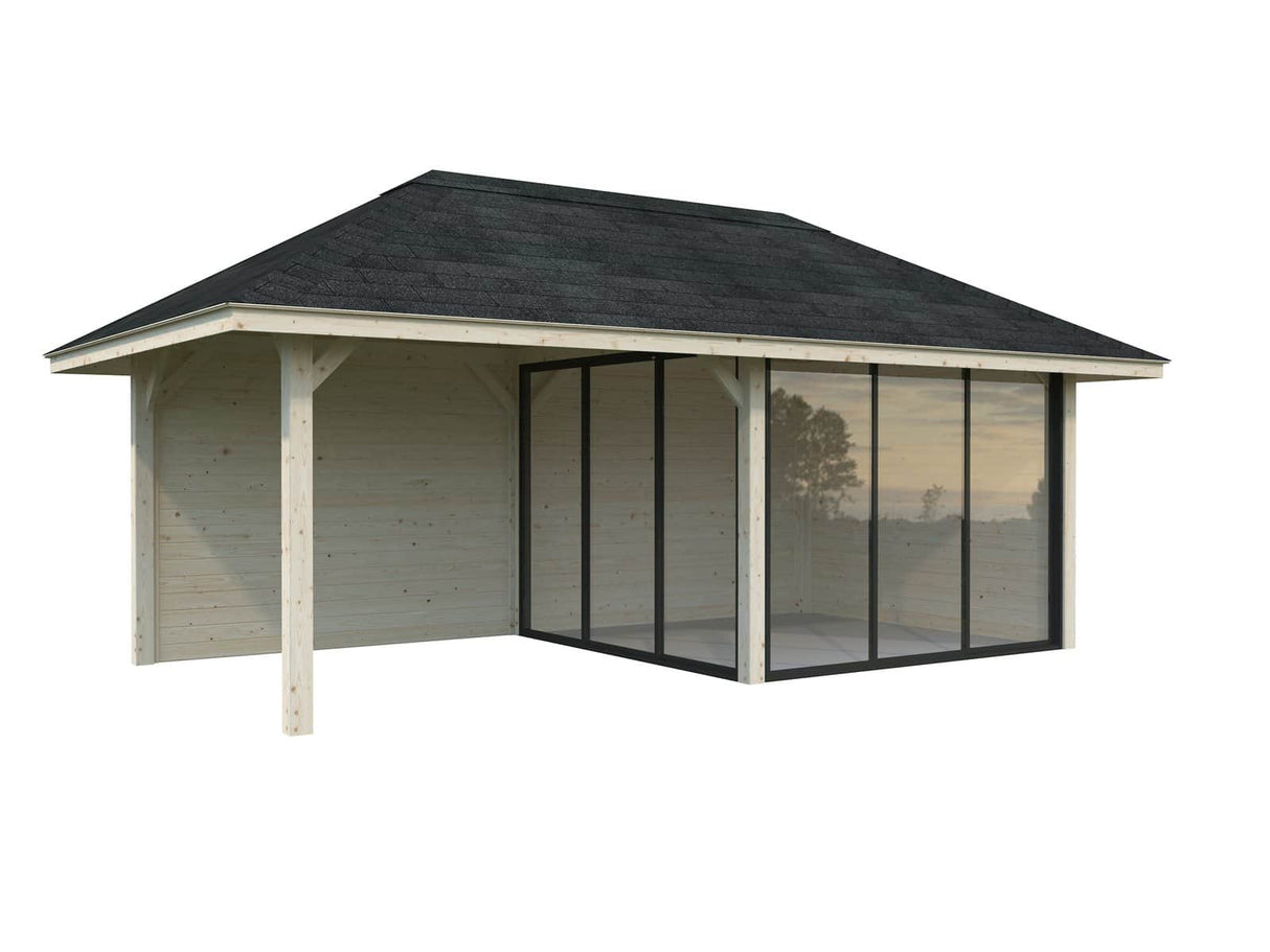 Bianca 205/505 (6x3m | 16,6m²) lasinen piharakennus terassilla (saatavana tuplalasilla)