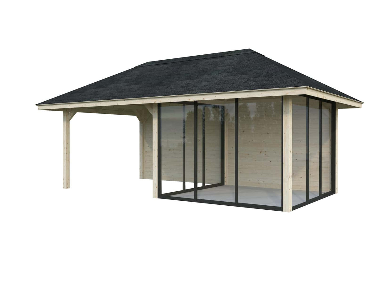 Bianca 206/506 (6x3m | 16,6m²) piharakennus kolmella liukulasiovella ja katoksella (saatavana tuplalasilla)