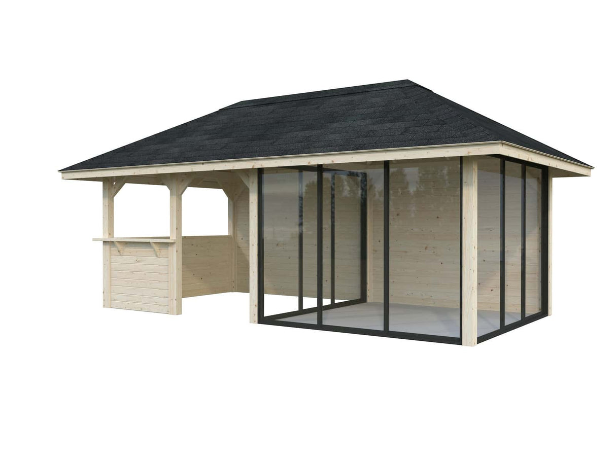 Bianca 208/508 (6x3m | 16,6m²) liukuovilla piharakennus puutarhabaarilla (saatavana tuplalasilla)