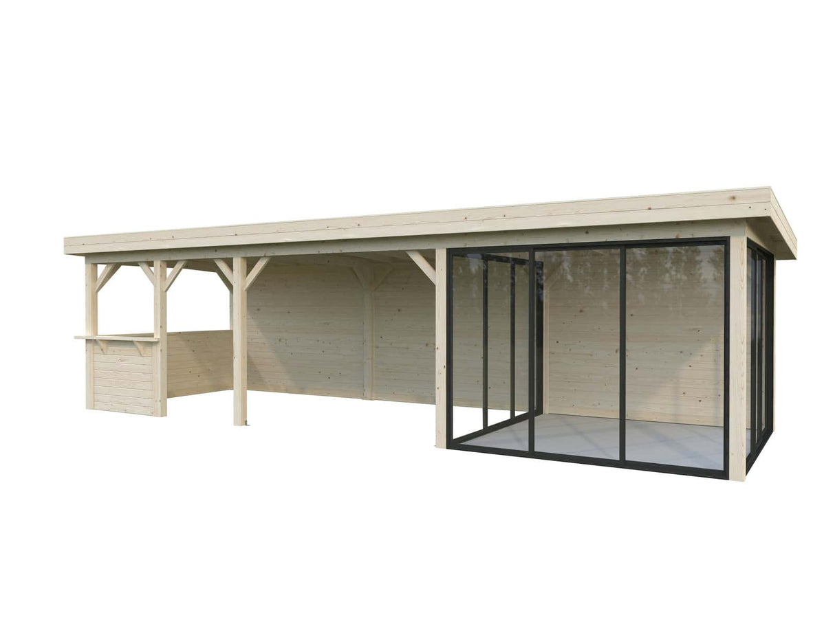 Lenna 416/716 (9x3m | 24,9m²) Lasinen piharakennus liukuovilla (Saatavana tuplalasilla)