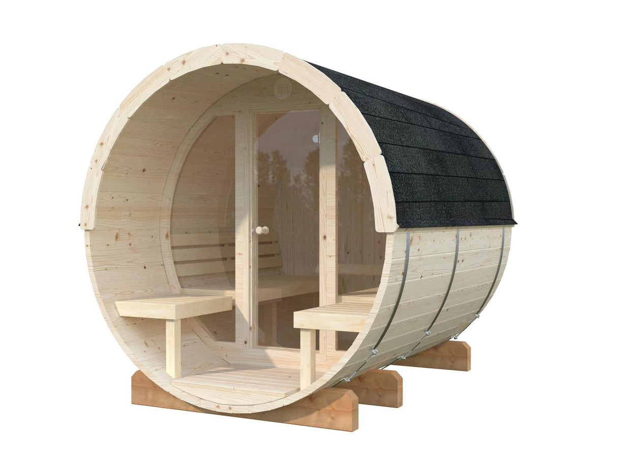 Anita M (2,2x2,5m | 1,3+0,7m² | 42mm) puinen tynnyrisauna lasiseinällä
