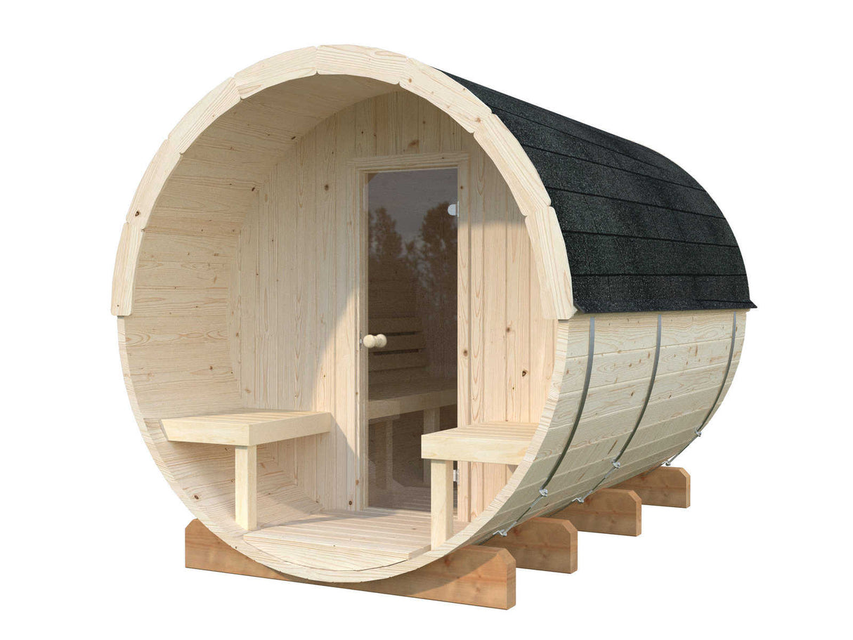 Anita L (2,2x2,9m | 1,6+0,7m² | 42mm) puinen tynnyrisauna