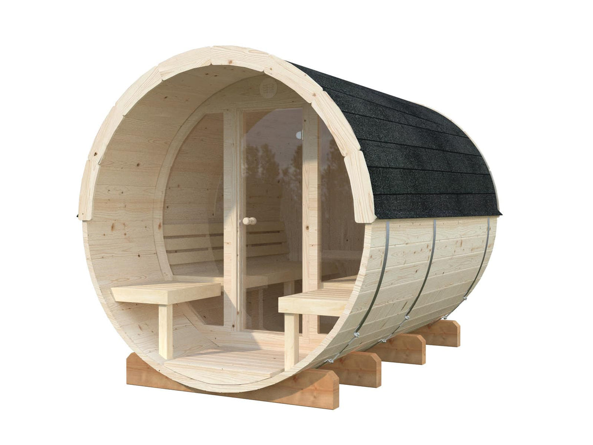 Anita L (2,2x2,9m | 1,6+0,7m² | 42mm) Puinen tynnyrisauna lasiseinällä