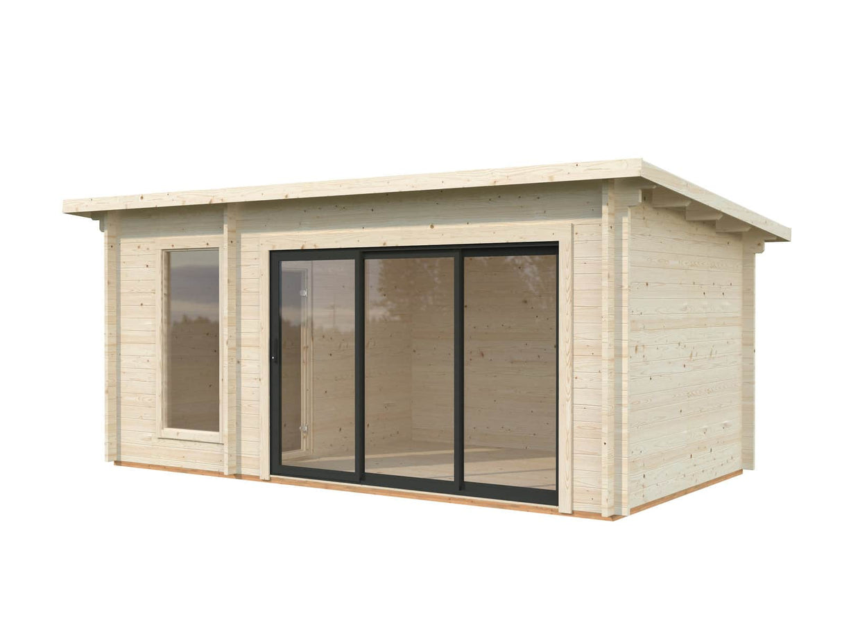 Sanna Sauna XL (5,2x2,9m | 12,8m² | 44mm) Moderni pihasauna tuplasillisilla liukuovilla