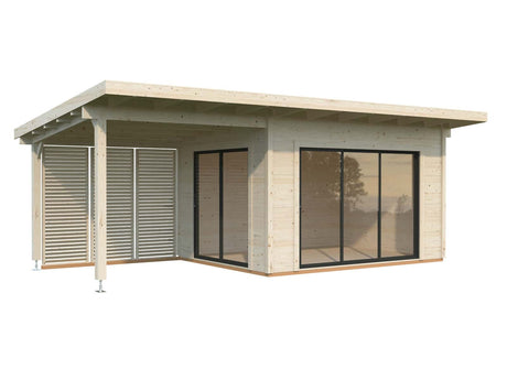 Grace (4x3m | 11,2+8,2m² | 56mm) Liimapuinen piharakennus kaksilasitetuilla liukuovilla ja katoksella