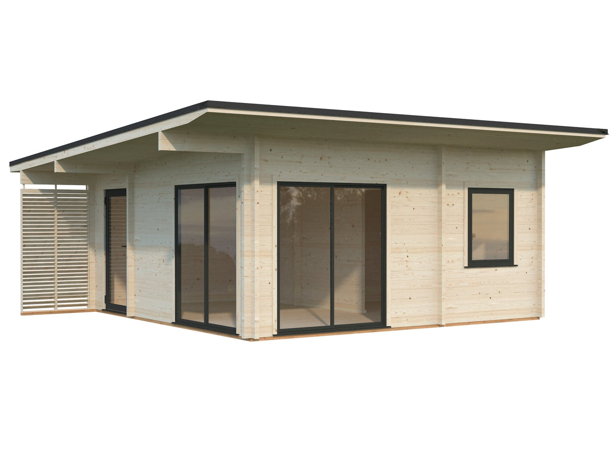 Cecilia L (5,6x5,6m | 27,2m² | 70mm) Tilava 2,5-huoneinen moderni kesämökki alumiiniovilla ja -ikkunoilla