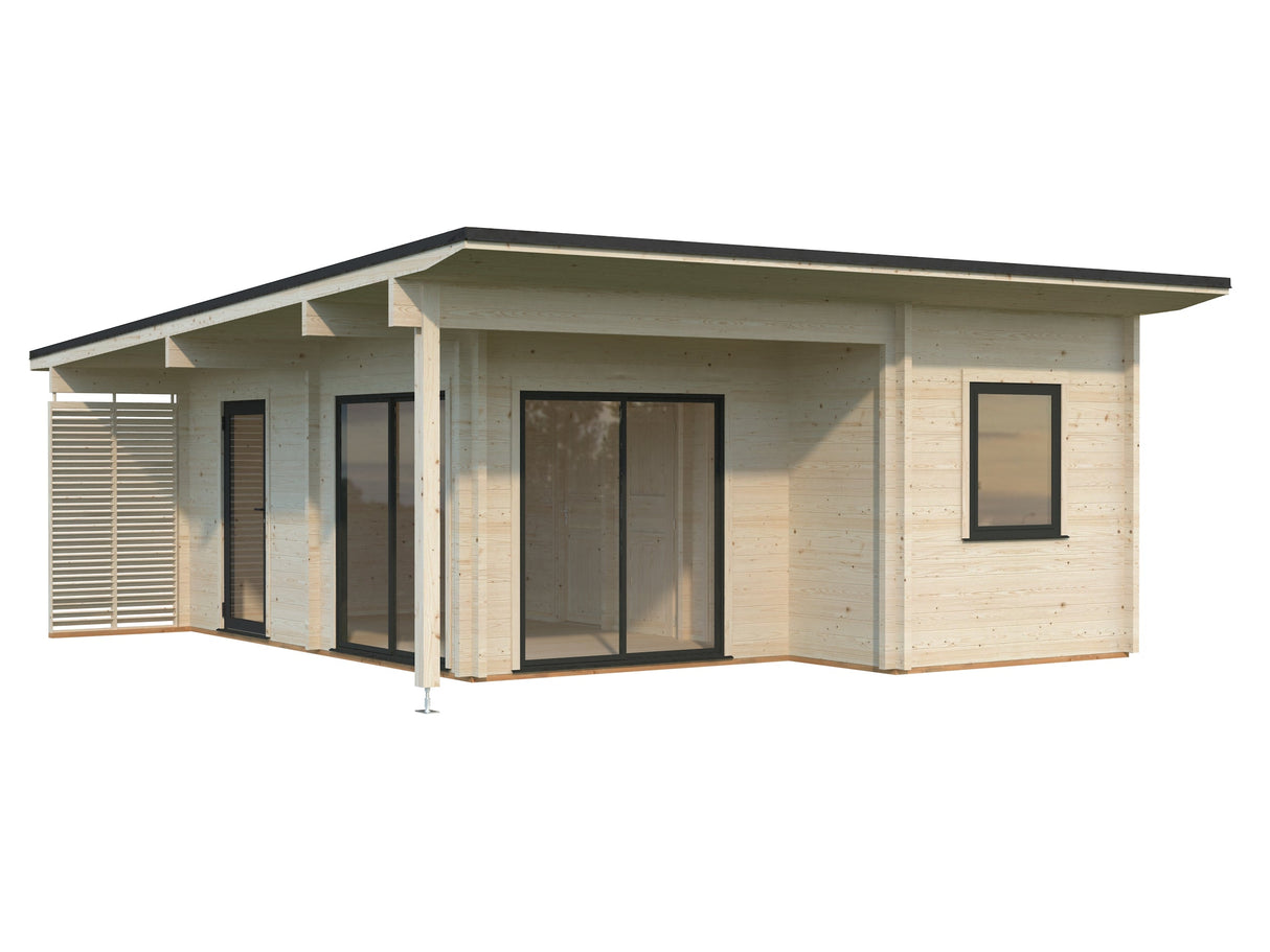 Cecilia XL(5,6x6,9m | 30m² | 70mm) Neljähuoneinen moderni kesämökki alumiiniovilla ja -ikkunoilla
