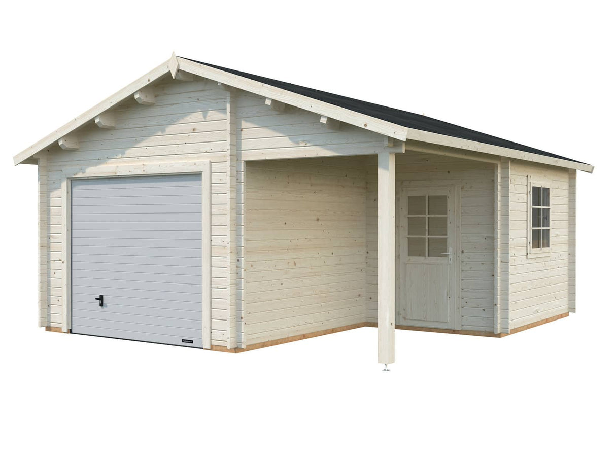 Roger M (5,3x5,7m | 21,9+5,2m² | 44mm) Autotalli nosto-ovella ja katoksella