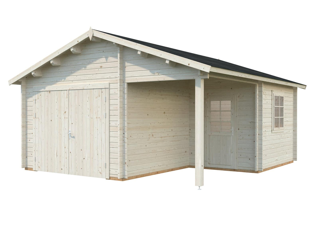 Roger M (5,3x5,7m | 21,9+5,2m² | 44mm) Autotalli puuovella ja katoksella