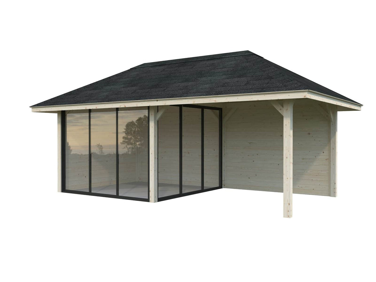 Bianca 205/505 (6x3m | 16,6m²) lasinen piharakennus terassilla (saatavana tuplalasilla)
